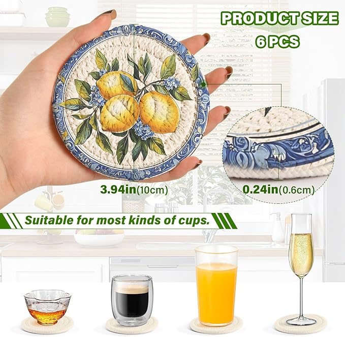 Cup Coasters for Drinks Lemon Italianblue Tile Coasters Set of 6, Absorbent Coaster with Holder Cotton Woven Coaster for Coffee Wooden Table Home Decor