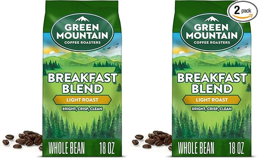 Green Mountain Coffee Roasters Breakfast Blend, Whole Bean Coffee, Bagged 18 oz (Pack of 2)