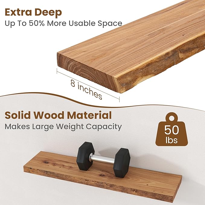 Floating Shelves for Wall Decor, Rustic Solid Elm Wood Live Edge Floating Shelves Wall Mounted, Wall Shelves with Invisible Bracket for Living Room Bathroom Bedroom Kitchen, 30 Inch Set of 2, Natural