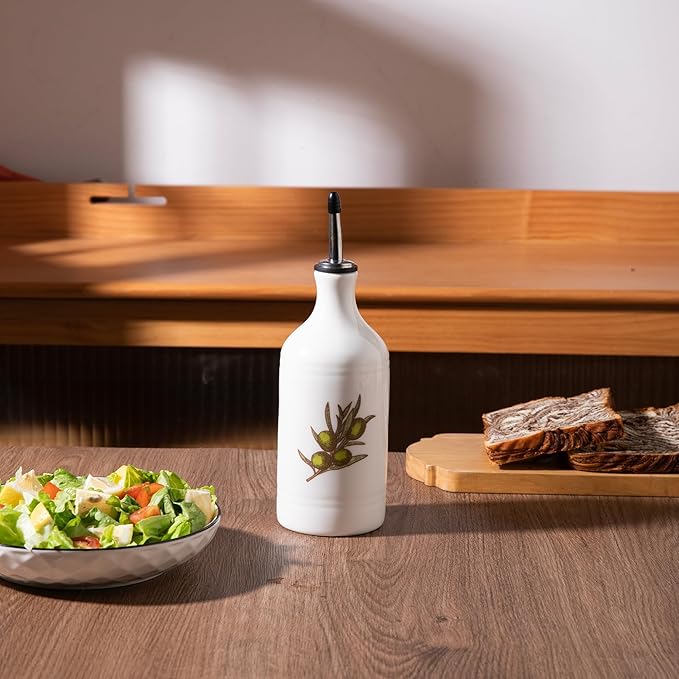 Sweejar Ceramic Olive Oil Dispenser Bottle, Opaque Oil Cruet Protects to Reduce Oxidation, Suitable for Storage Vinegar, Coffee Syrups & Other Liquids, Pack of 1, 15.5 Fl Oz(Olive Leaf White)