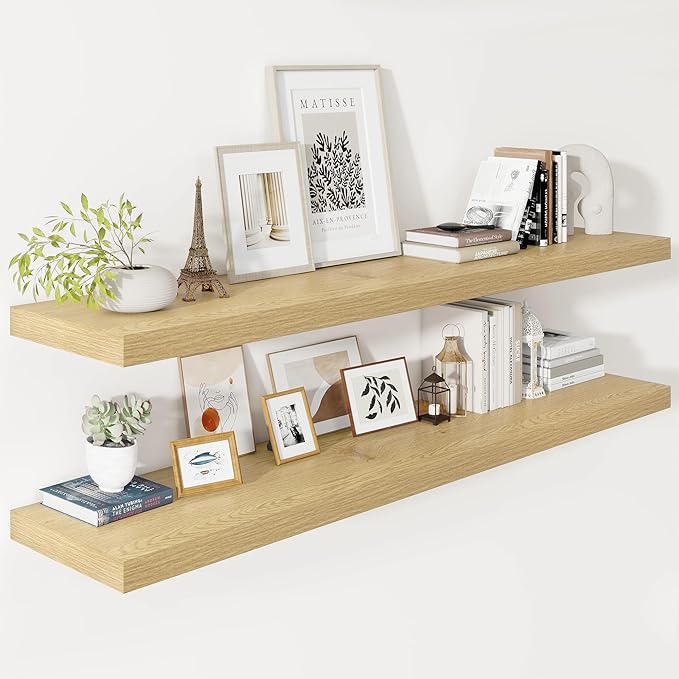 Vivelove 12 Inch Deep Floating Shelves 55 inch Long, 2 Inch Thick Wall Shelves with Invisible Brackets, Shelf for Bedroom Bathroom Living Room Kitchen Office Home Decor, Modern Shelf Set of 2, Oak