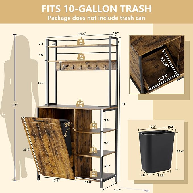 Kitchen Bakers Rack with Storage Shelf - 6-Tier Microwave Stand Oven Cabinet W/Tilting Trash Can Bin and Power Outlet, Farmhouse Thickened Coffee Bar Table Station W/6 Hooks&Adjustable feet