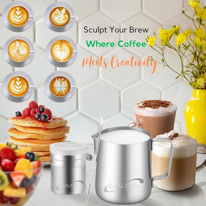 Milk Frothing Pitcher Set 12oz/350ml, 304 Stainless Steel Milk Frother Cup with Cocoa Shaker, Latte Art Pen, Stencils, Espresso Machine Accessories & Coffee Barista Tools Latte Pitcher Gift