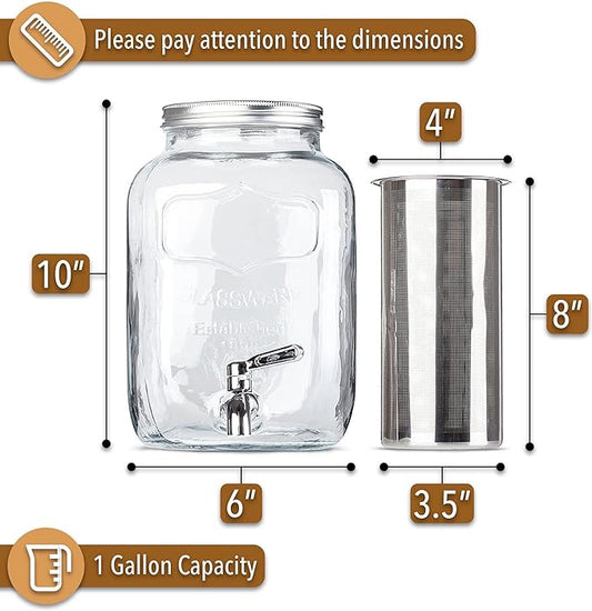 BTaT- 1 Gallon Cold Brew Coffee Maker, Thick Glass Pitcher with Stainless Steel Filter, Lid & Spigot, Iced Coffee & Sun Tea Brewer, Large Mason Jar Cold Brew Container, Fast Iced Tea Maker for Fridge