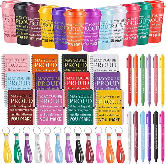 Skylety 12 Set/48 Pcs Employee Appreciation Gifts Bulk Christmas Thank You Gift Set 16 oz Coffee Cups Notebooks Pens Keychains for Staff Team Coworker (Classic Color,May You Be Proud of the Work)