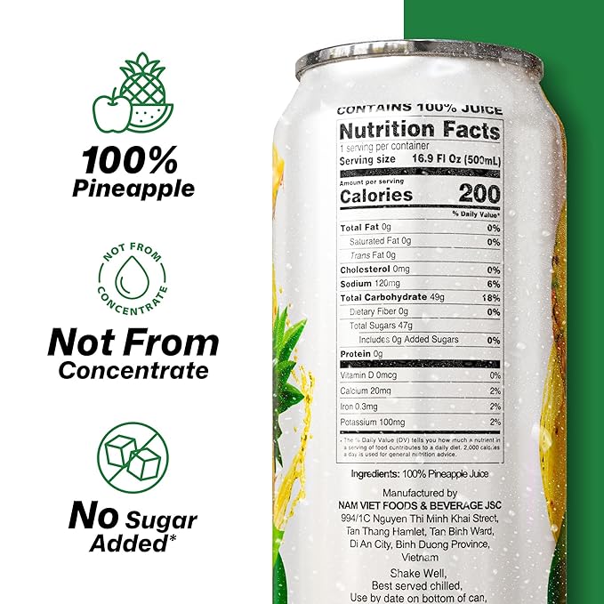 VINUT 100% Pineapple Juice, No Added Sugar, Not From Concentrate, 16.9 fl oz (500 mL) Can, Pack of 6