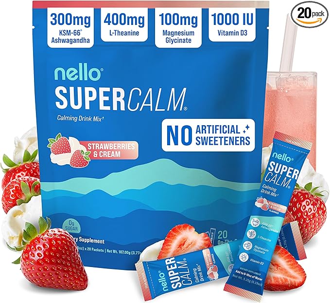 Nello Supercalm Powdered Drink Mix, Cortisol Reducer*, Sleep Aid Supplement, L Theanine, Ksm-66 Ashwagandha, Magnesium Glycinate, Vitamin D 3, No Sugar, Non GMO, 20 Ct, Strawberries & Cream
