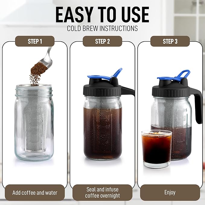 Zulay Premium Cold Brew Coffee Maker - 32oz Mason Jar With Leak-Proof Lid & Extra-Thick Glass - Fine-Mesh Stainless Steel Filter For Smooth Cold Brew & Iced Tea - Blue
