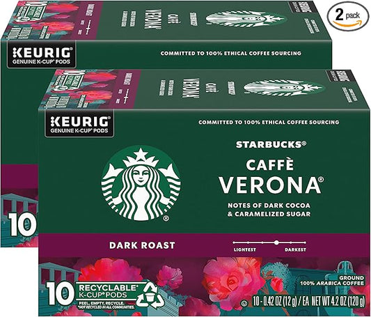 Starbucks Caffe Verona Coffee K-Cup Pods, Dark Roast Arabica Coffee, 20 Count (Pack of 2 Boxes)