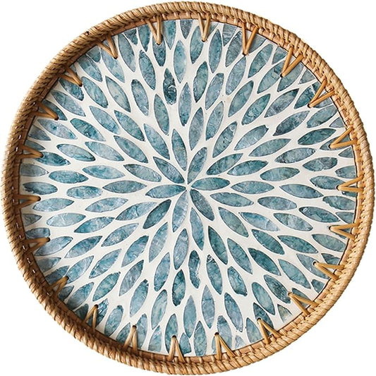 Round Rattan Tray with Mother of Pearl Inlay, Decorative Wicker Serving Tray with Wooden Base, Woven Basket Trays for Bread Fruits Coffee, Light Blue