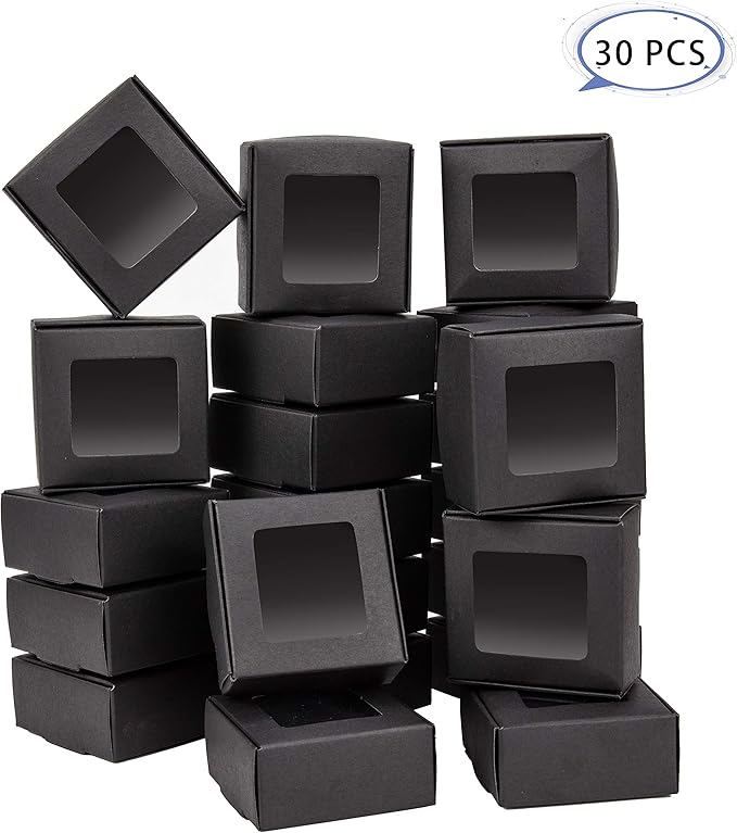 BENECREAT 30 Packs 2.5x2.5x1.2 Square Black Kraft Paper Boxes with Clear Windows for Wedding Party Favor Treats, Bakery, Jewelry, Christmas, Festival Gift Packaging