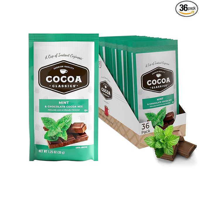 Cocoa Classics Mint Cocoa Mix, Hot Chocolate, Made with Nonfat Milk, Just Add Hot Water, Make Hot or Iced Cocoa, Gluten Free & Kosher Dairy Friendly, 1.25oz Packets (Pack of 36)