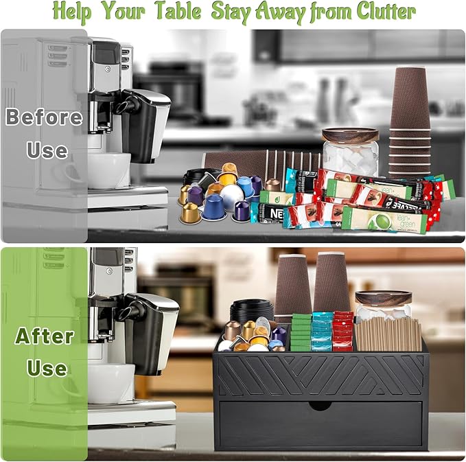 Farmhouse Coffee Bar Organizer - Wooden Countertop Station With Drawer, Pods Holder & Storage Basket