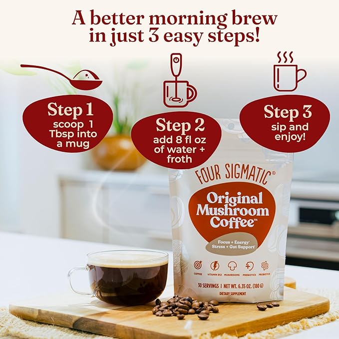 Four Sigmatic Original Mushroom Coffee | High Dose Lion's Mane, Chaga, Turkey Tail, Cordyceps and Reishi | Energy, Focus & Immune Support | 30 Servings