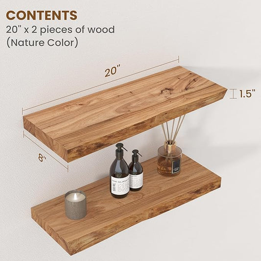 Floating Shelves for Wall Decor, Rustic Solid Elm Wood Live Edge Floating Shelves Wall Mounted, Wall Shelves with Invisible Bracket for Living Room Bathroom Bedroom Kitchen, 20 Inch Set of 2, Natural