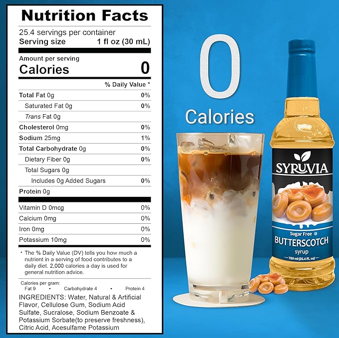Syruvia Sugar Free Coffee Syrup, Butterscotch Flavored Syrup for Drinks, Lattes, and Desserts – 25.4 fl oz, With Pump