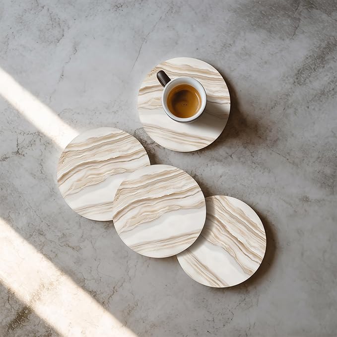 VEYRO Ceramic Coasters Set of 6 – Absorbent Stone Drink Coasters with Holder, Non-Slip Cork Backing, Modern Marble Look Coasters for Coffee Table, Desk & Home Decor