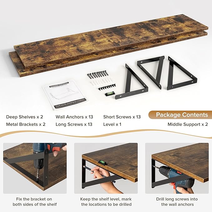 Deep Floating Shelves Wall Mounted, 55"x12" Brown Wood Shelves with Brackets Set of 2 for Bedroom, Living Room, Bathroom, Kitchen, Office - Storage & Display Shelf for Decor, Books, Plants