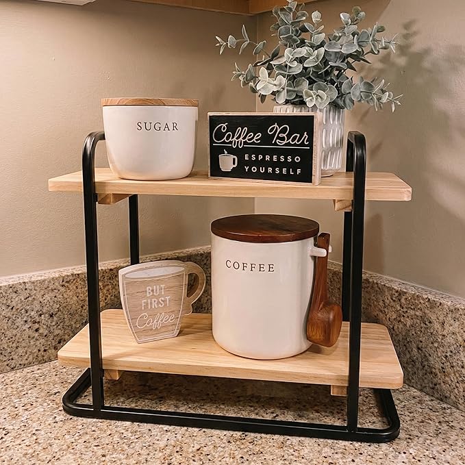 Bokon Coffee Station Organizer 2 Tier Wooden Serving Tray Charcuterie Board Stands Rectangle Coffee Bar Organizer Dessert Display Stand Tiered Cupcake Stand for Kitchen, Office, Home