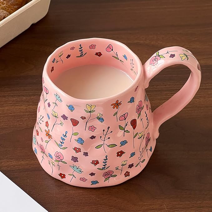 Large Ceramic Coffee Mug Pink Cute Flower with Big Handle, 20oz Girly Floral Tea Cup for Women Mothers Day Gifts, Novelty Irregular Oversized Mugs for Valentines Day Gifts for Her