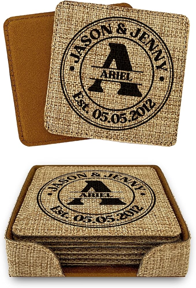 Smile Art Design Family Monogram Custom Coaster Set of 6 with Base Square Burlap Material Family Name Personalized Prints Personalized Gifts Housewarming Wedding Gift Rustic Home Decor Style2