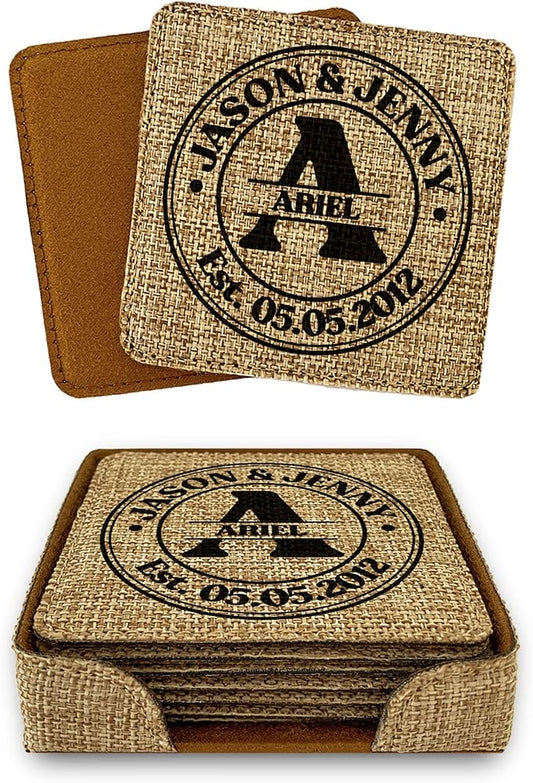Smile Art Design Family Monogram Custom Coaster Set of 6 with Base Square Burlap Material Family Name Personalized Prints Personalized Gifts Housewarming Wedding Gift Rustic Home Decor Style2