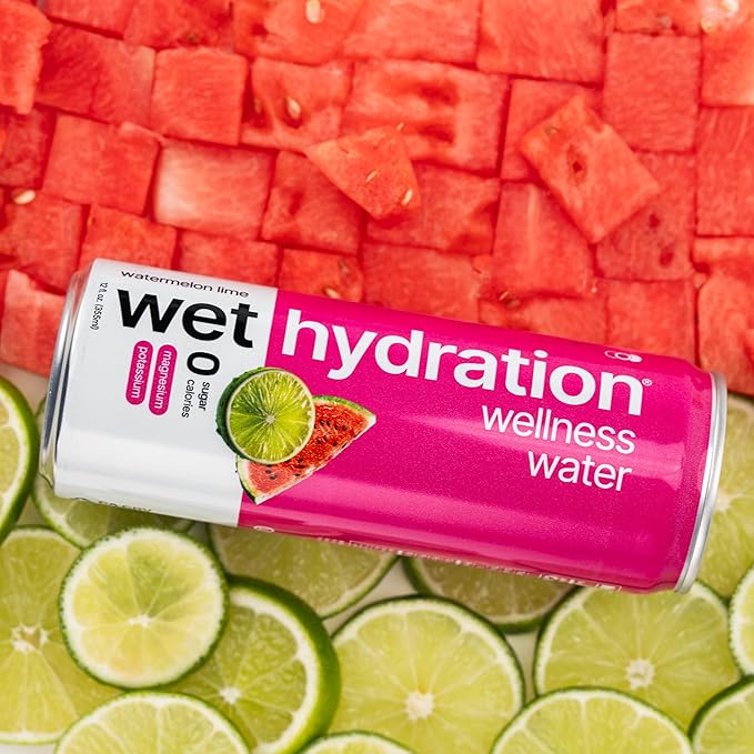 Wet Hydration | Functional Wellness Water, Non-Carbonated - Watermelon Lemon Lime (12 Ounce Cans, Pack of 12) - Flavored Water, Hydration Drink, No Sugar, No Artificial Ingredients, Zero Calories