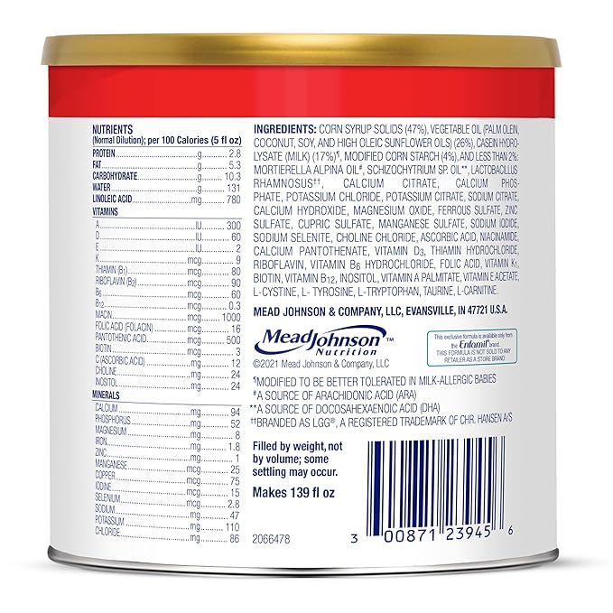 Enfamil Nutramigen Hypoallergenic Baby Formula with Iron, Lactose Free, Colic Relief from Cow's Milk Allergy Starts in 24 Hours, Brain Building DHA, Probiotic LGG for Immune Support, 19.8 Oz Can