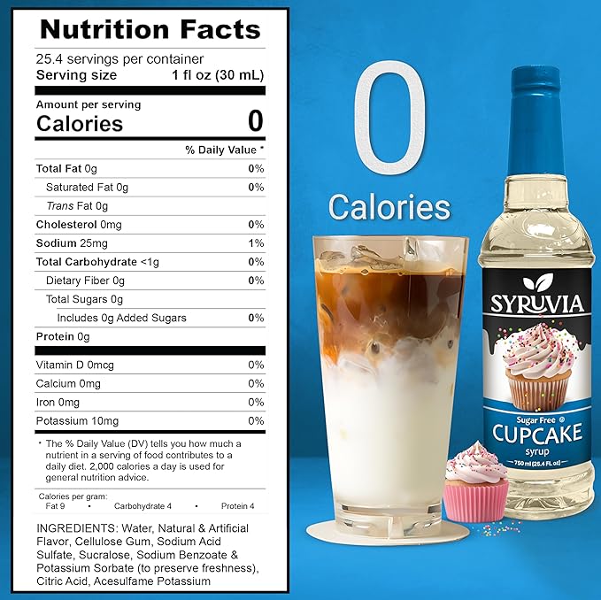 Syruvia Sugar Free Coffee Syrup, Cupcake Flavored Syrup for Drinks, Lattes, and Desserts – 25.4 fl oz, With Pump