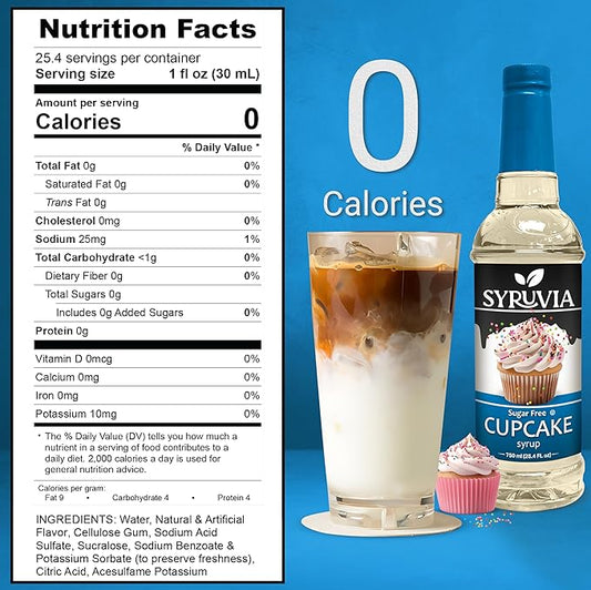 Syruvia Sugar Free Coffee Syrup, Cupcake Flavored Syrup for Drinks, Lattes, and Desserts – 25.4 fl oz, With Pump