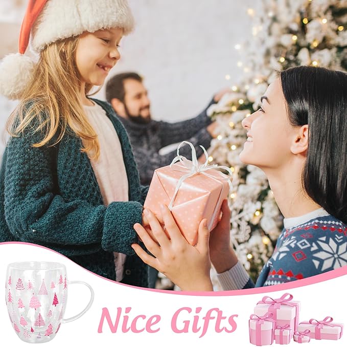 JarThenaAMCS Christmas Double Wall Glass Coffee Mugs 12oz Cute Pink Xmas Tree Insulated Glasses Clear Espresso Cups with Handle for Home Holiday Supplies, Set of 2