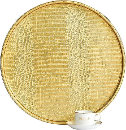 HofferRuffer Round Serving Tray 20'', Elegant Faux Leather Circle Ottoman Table Tray, Serve Tea Coffee Breakfast in Bedroom Living Room Kitchen (Gold, 20")