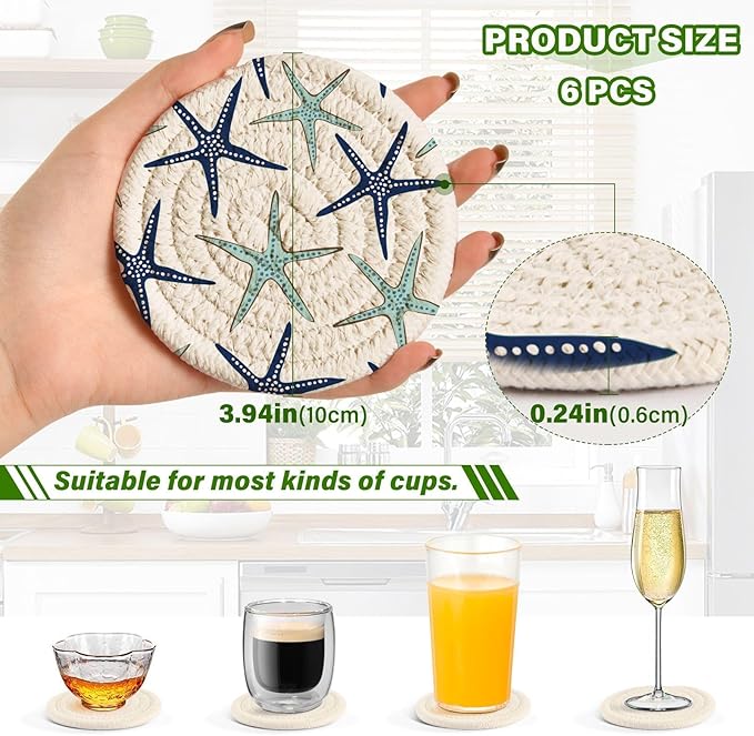 Coastal Coasters Set of 6 Starfish Cotton Coasters for Drinks with Holder, Beach Navy Blue Absorbent Decorative Bar Woven for Coffee Table Protection