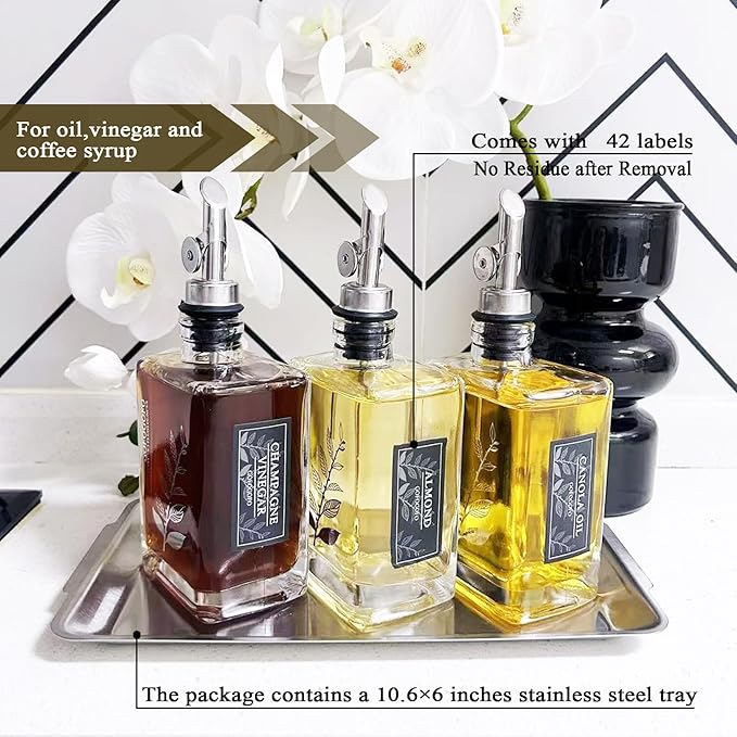 Olive Oil Dispenser for Kitchen, Cooking Oil and Vinegar Dispenser Set, Olive Oil Bottle, Soy sauce dispenser, coffee syrup bottles - Set of 3 Silver