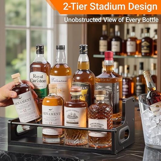 YQBRAO 2-Tier Liquor Bottle Display Shelf, Coffee Syrup Rack Organizer, Water Bottle Organizer, Mini Bar Cabinet, Rustic Bar Shelves for Liquor Whiskey, Spirits（Black）