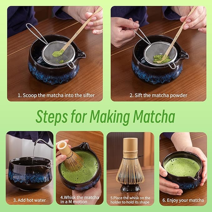TEANAGOO Matcha Whisk Set, 7 Pcs Matcha Set Blue, Matcha Kit for Ceremony, Matcha Tea Set for Making Breakfast/Latte, Ceramic Matcha Bowl(chawan) whith Spout and Whisk, Gift for Friend/Family