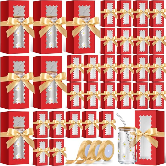 Windyun 100 Pcs Tumbler Gift Boxes for Sublimation Glass Exhibition Boxes Transparent for 12oz 16oz 20oz Shipping Cup Exhibition Packaging for Jars Mug Can Party Supplies (Red)