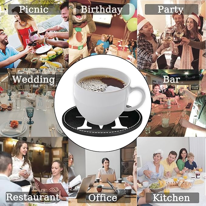 Personalized Coasters, Custom Set of 6 Leather Coaster for Drinks with Holder, DIY Name/Photo/Logo, Non-Slip, Heat Resistant, Waterproof for Coffee Table Bar Beer Wine Cup Housewarming