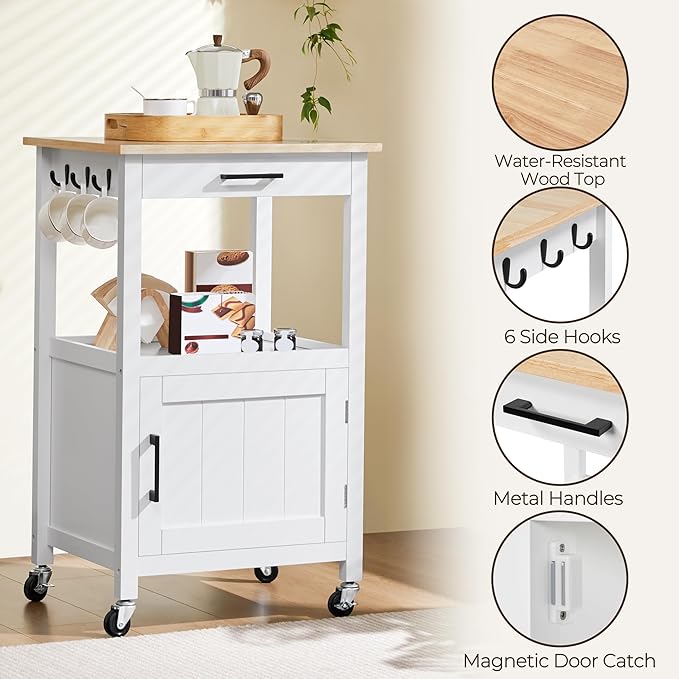 Yaheetech Kitchen Island Cart with Storage, Rolling Kitchen Island on Wheels with 6 Side Hooks, Wood Top Microwave Cart with Drawer for Dining Room, White