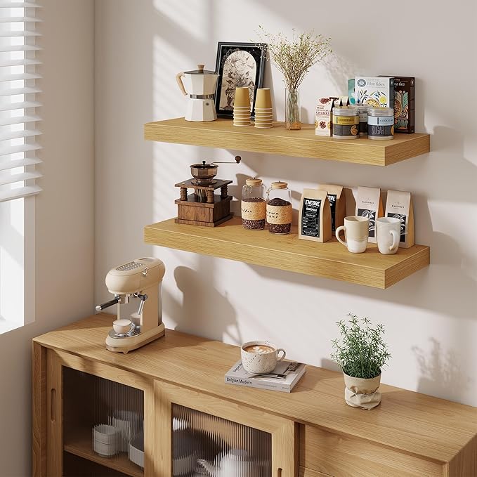 Fun Memories 12" Deep Floating Shelves for Wall, 36" W x 12" D Floating Shelves, Long Wood Floating Wall Shelf for Living Room Bathroom Bedroom Kitchen, Oak, Set of 2