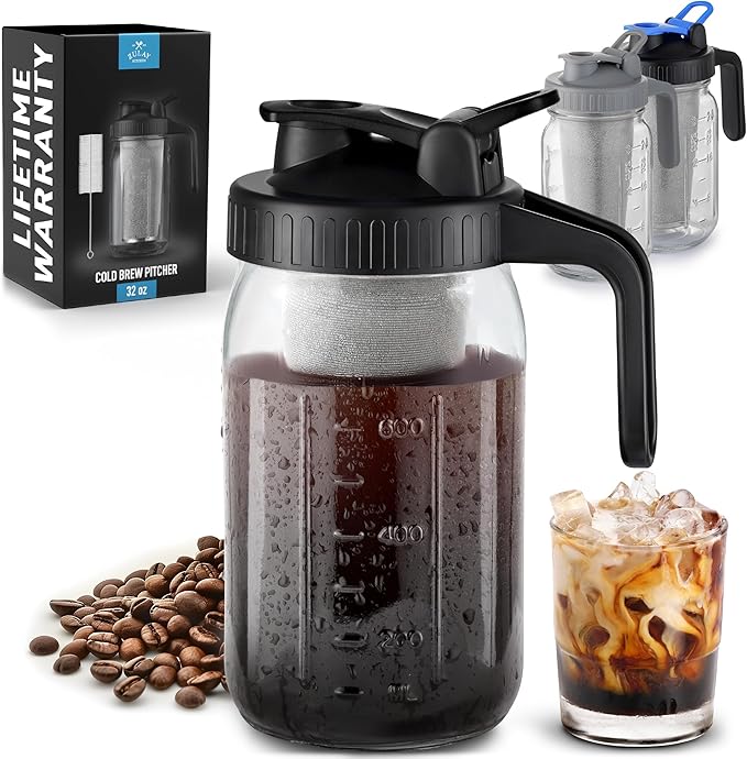 Zulay Premium Cold Brew Coffee Maker - 32oz Mason Jar With Leak-Proof Lid & Extra-Thick Glass - Fine-Mesh Stainless Steel Filter For Smooth Cold Brew & Iced Tea - Black