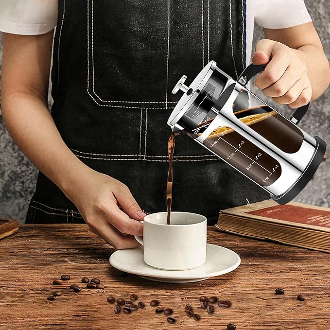 YMMIND French Press Coffee Maker (21oz 600ML 3-4Cup) Coffee Press, with 4 Filters System, Heat Resistant Thickness Borosilicate Glass, Cold Brew Coffee Tea Pot Gifts (Silvery)