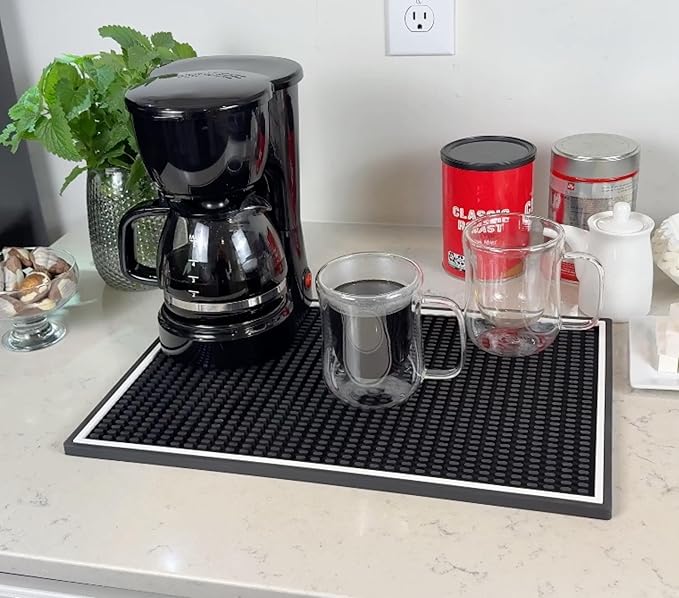 Bar Mats for Countertop with White Frame, Premium Silicone Coffee Mat 18x12 in, Heavy Duty Espresso Machine Mat Protector Pad and Coffee Matt for Counter, Bar Accessory for Modern Kitchens