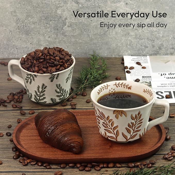 LINVIA Ceramic Coffee Mug, 12 oz Novelty Unique Teacup with Handle, Stoneware Cup for Tea Mocha Latte Cappuccino Espresso (Set of 2, Ivy and Leaf)