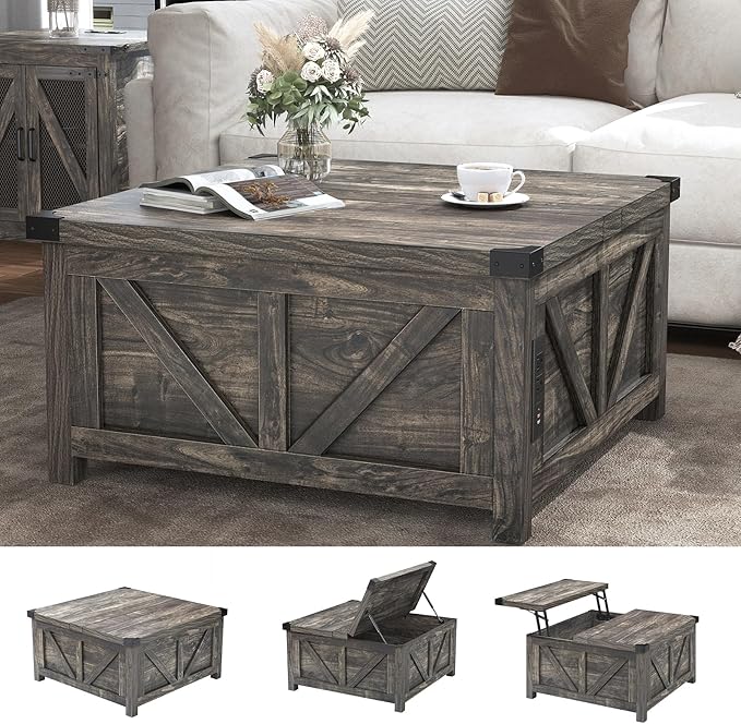 Farmhouse Lift Top Coffee Table with Storage, Wood Square Center Table with Charging Station&USB Port, Living Room Table w/Large Hidden Space, for Living Room, Bedroom, Home Office, Dark Grey