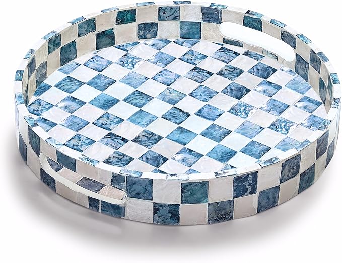 12.6 Inch Round Capiz Shell Decorative Tray with Handles, Serving Tray for Coffee Table & Ottoman, Coffee Table Trays for Living Room, Kitchen, Bathroom (Navy Blue)
