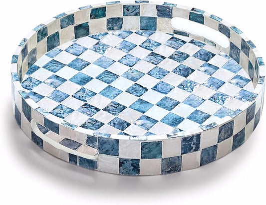 12.6 Inch Round Capiz Shell Decorative Tray with Handles, Serving Tray for Coffee Table & Ottoman, Coffee Table Trays for Living Room, Kitchen, Bathroom (Navy Blue)