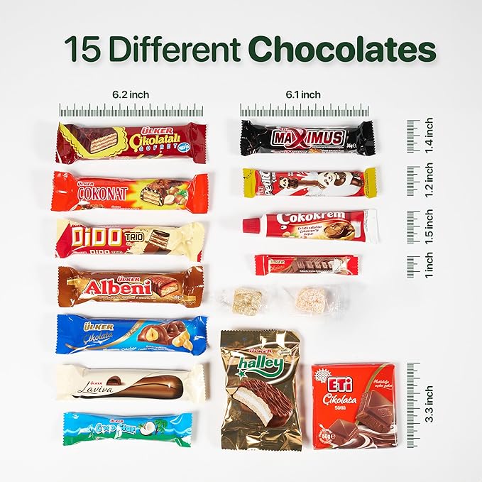 Eastanbul International Snack Box, 15 Chocolate Assortment Bars, Turkish Exotic Snacks, Assorted Candy Variety Pack of Foreign Exotic Candy Box of Assorted Chocolate