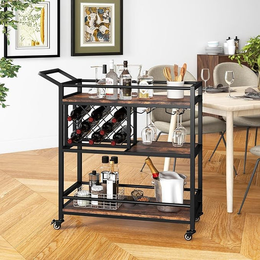 Giantex Bar Cart, 3 Tier Serving Cart for Home, 8 Wine Bottles Rack, Glass Holder, Industrial Mobile Kitchen Cart with Lockable Wheels and Handle, Storage Shelves for Drink Beverage