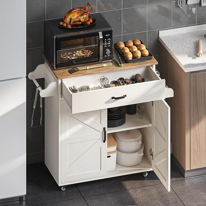 Mobile Multi-Function Kitchen Island Cart with Storage, White Cabinets, Drawers & Counter Block, Featuring a Portable Microwave and Coffee Bar on Rolling Wheels